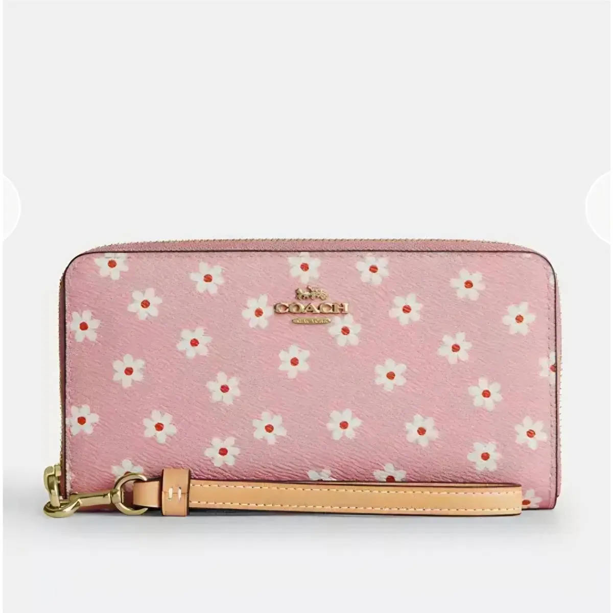 Coach Long Zip Around Wallet Pink Multi Floral Wristlet Leather Strap CFD93