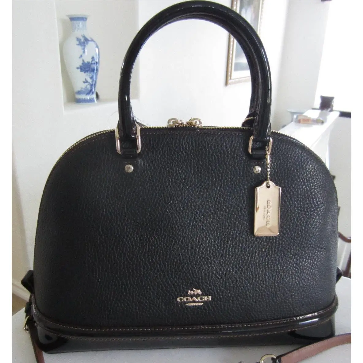 Coach F54664 Sierra Satchel in Pebble and Patent Leathers Black New/ Tag