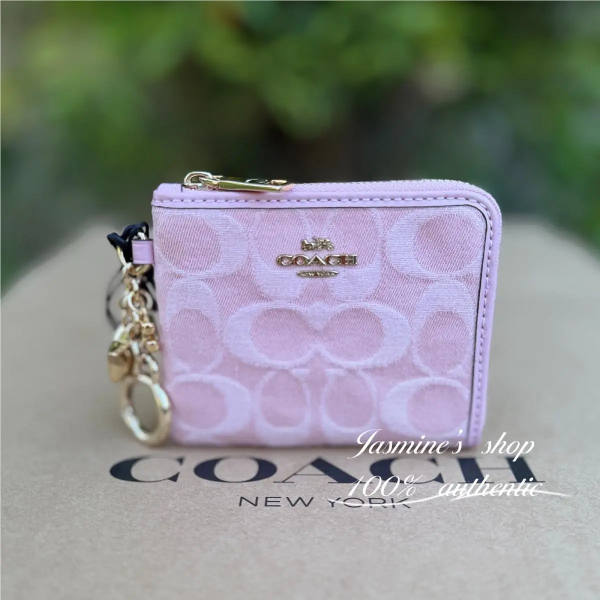 Coach Small Corner Zip Wallet Signature Denim with Charms CEU98 Light Pink