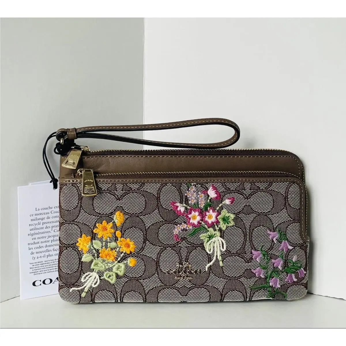 Coach Double Zip Wristlet CEF63 Signature Jacquard Floral Embroidery