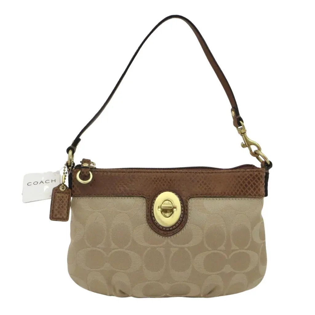 Peyton Khaki Brown Signature Leather Large Wristlet Clutch Purse by Coach