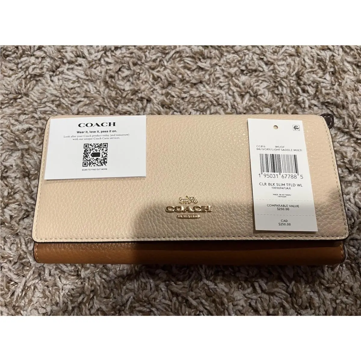 Coach Clr Blk Slim Trifold Brown Tan Leather Wallet
