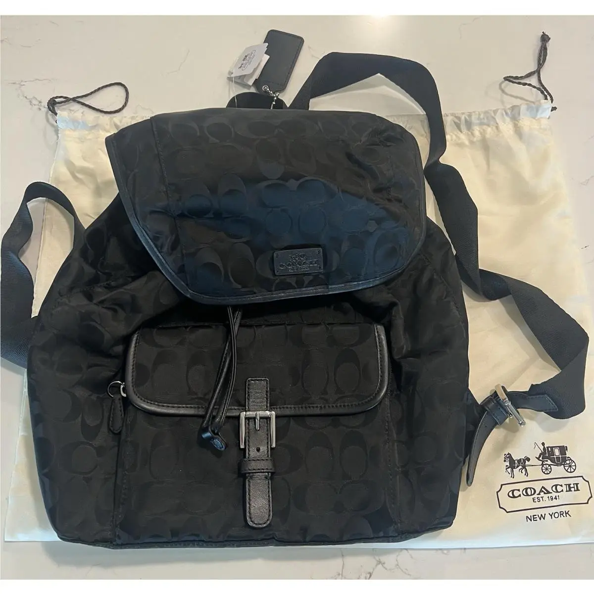 Vintage 90s Coach Signature Nylon Backpack Black Silver with Dust Bag