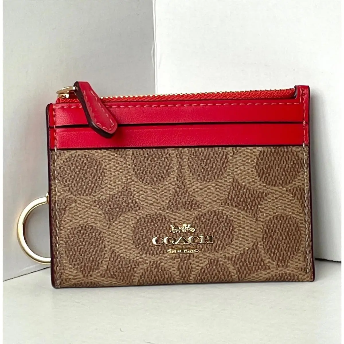 Coach Mini Skinny ID Case CW870 Red Carnation Signature Canvas Keyring