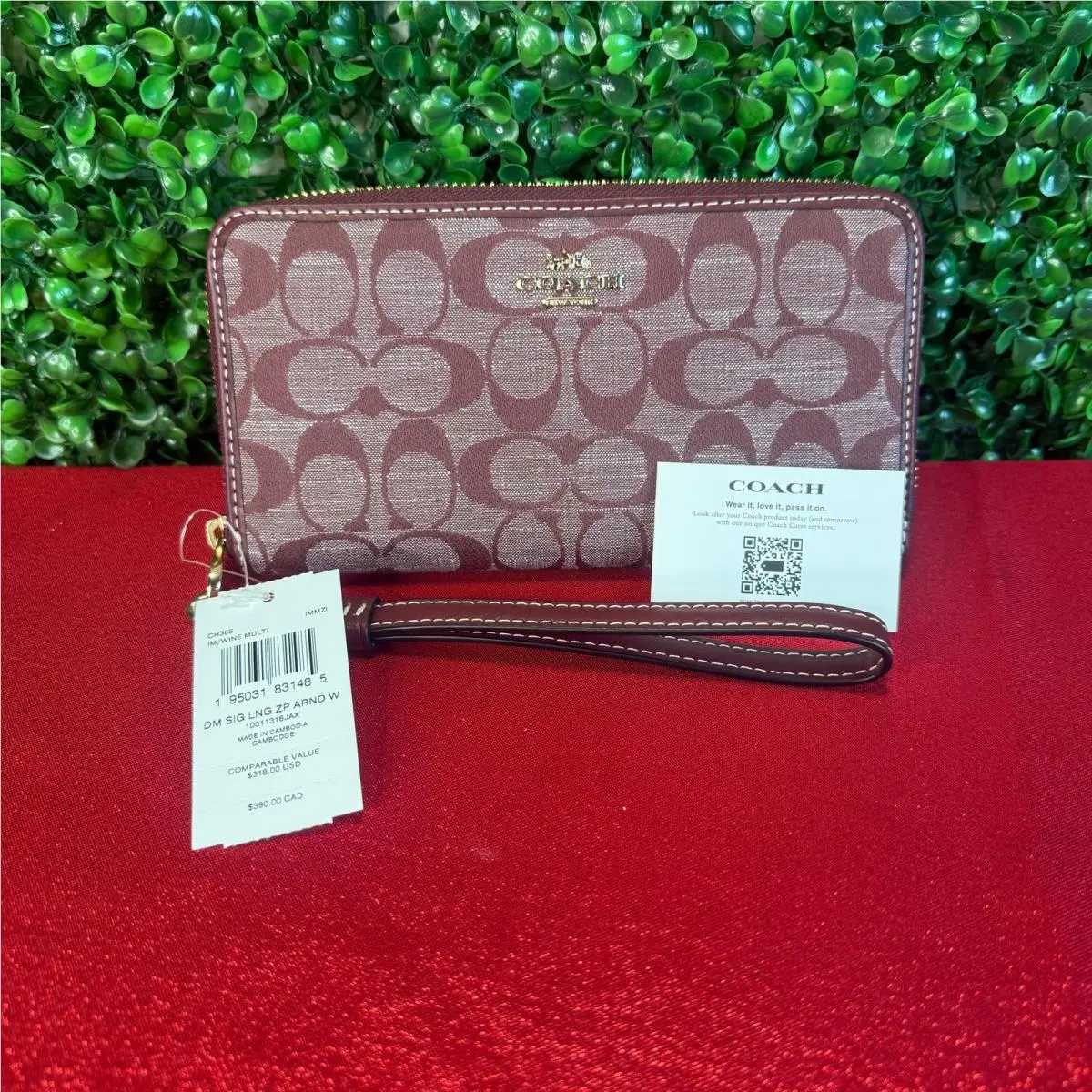 Coach Women`s Zip Around Wallet Wrist Strap Signature Fabric Leather Wine CH369