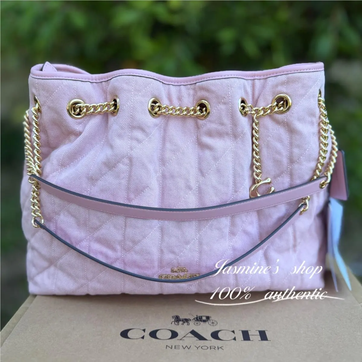 Coach Evelyn Shoulder Bag Loved Denim Quilting Charm CER79 Gold/light Pink
