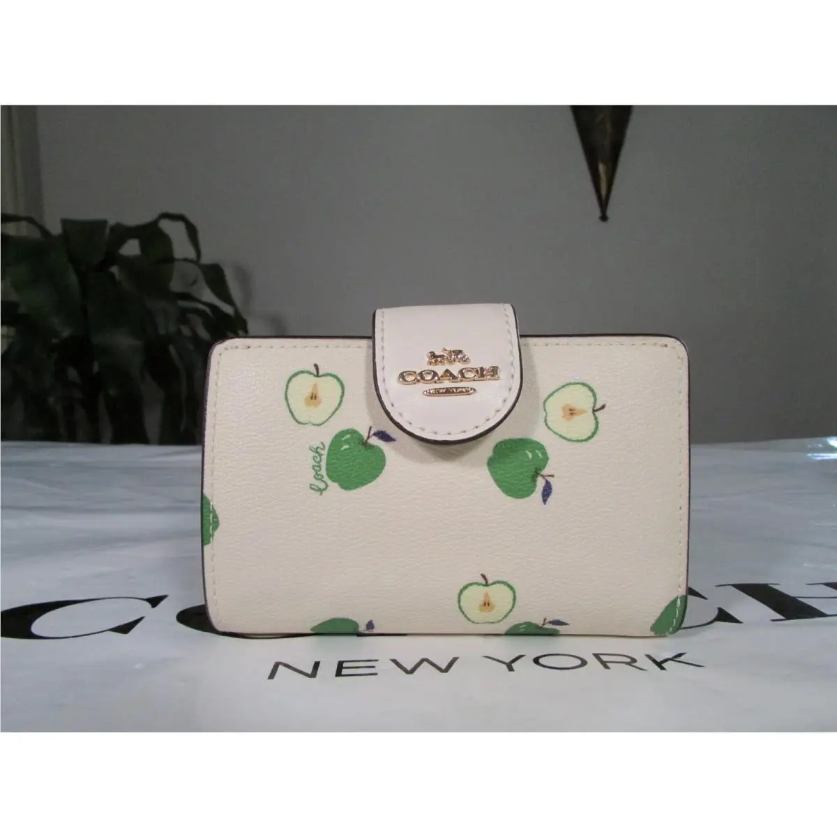 Coach Canvas Medium Corner Zip Wallet with Green Apple Print C4116 Chalk Mul