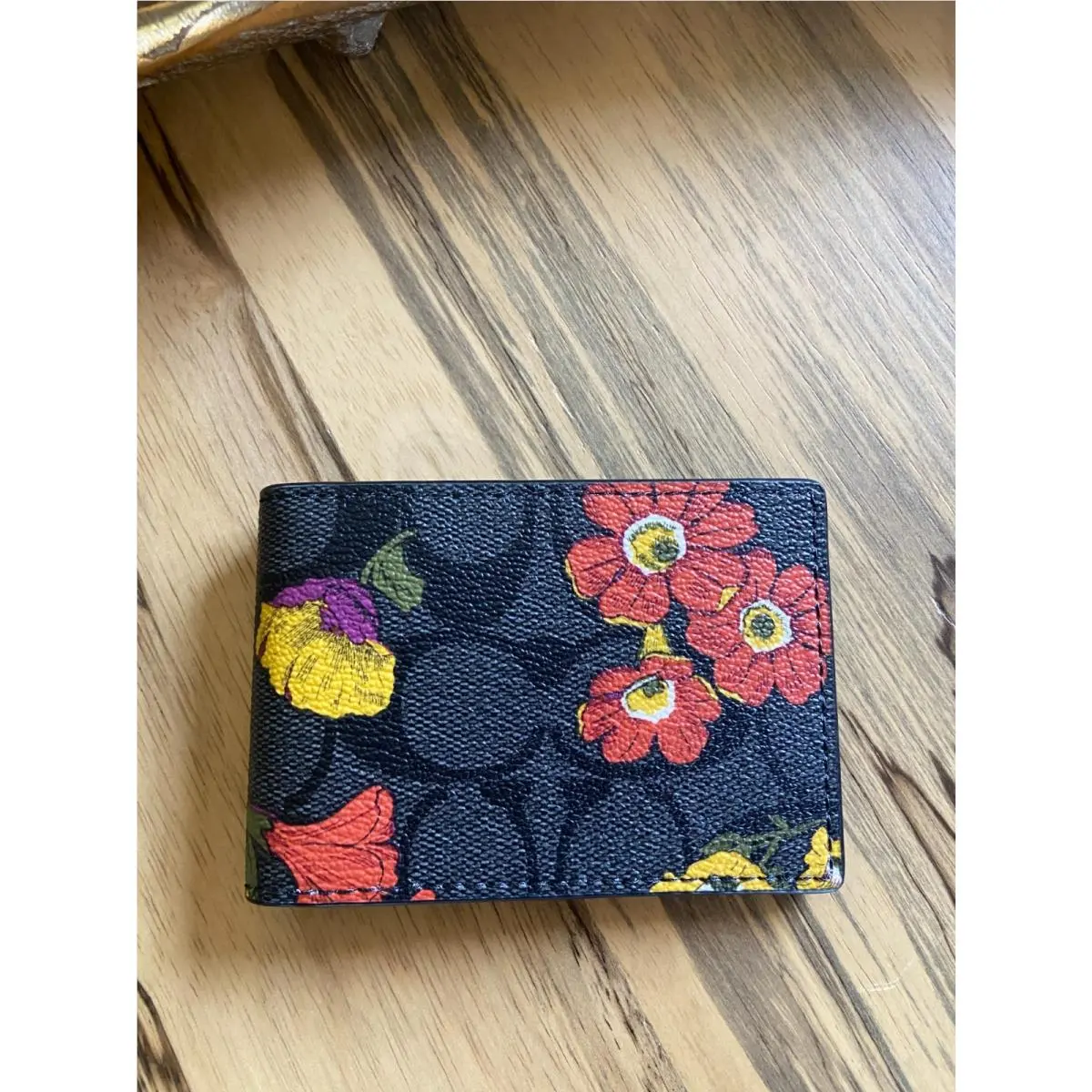 Coach Charcoal/multi Signature Floral ID Card Wallet
