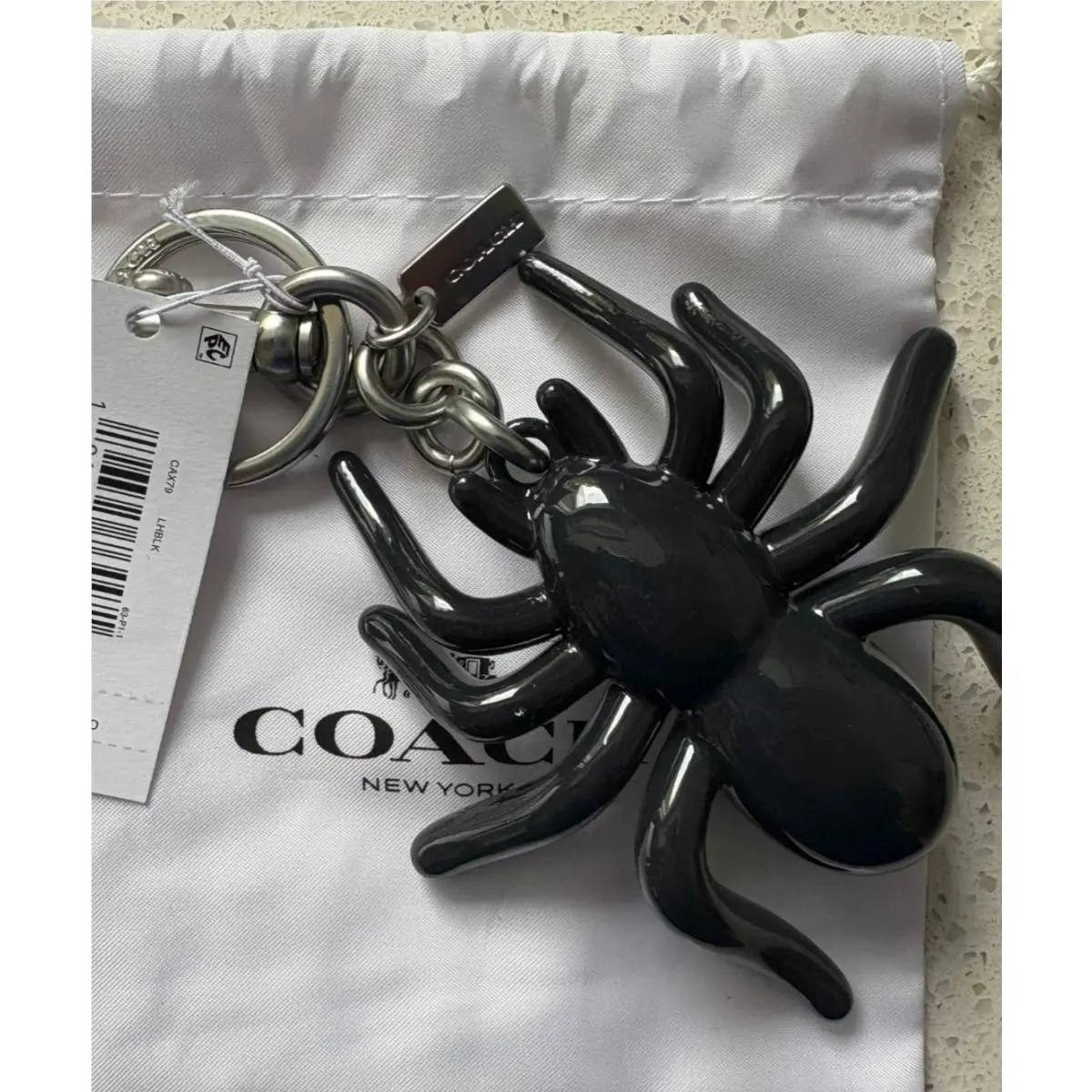 Large Metal Enamel Black Spider Bag Charm Key Ring Fob by Coach