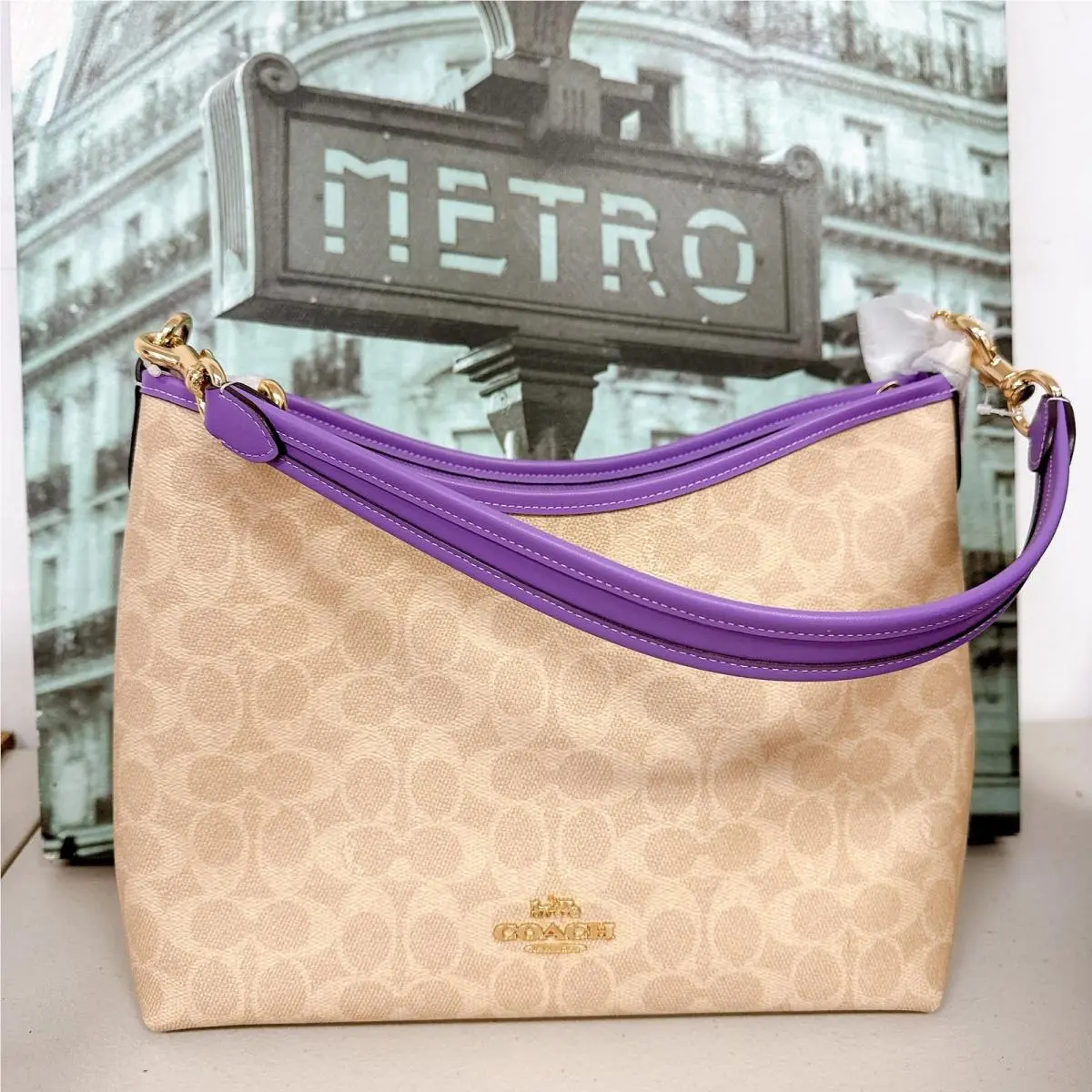 Coach CV975 Laurel Shoulder Bag In Signature Canvas IN Sand/iris