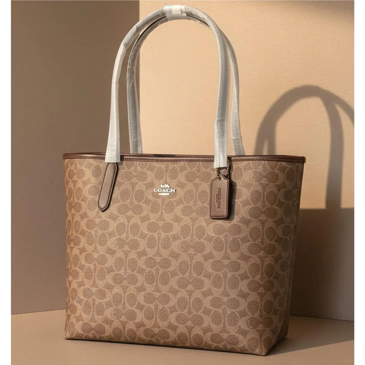 Coach City Tote CV976 Brown Signature Canvas Tan Leather Large Shoulder Bag