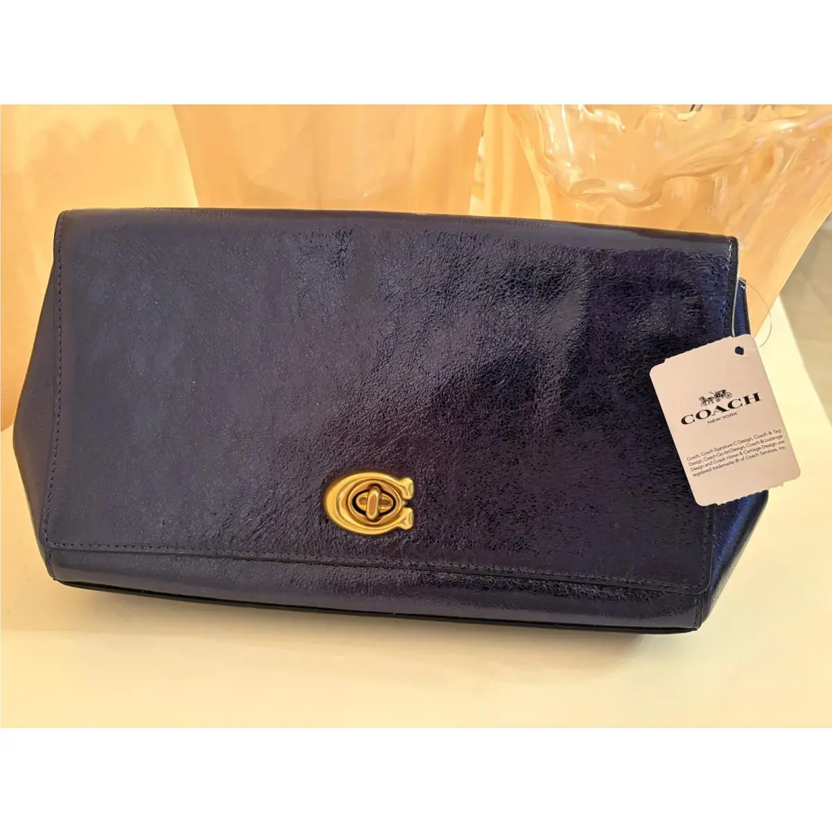 Coach Metallic Leather Turnlock Clutch Bag Navy Blue 38964