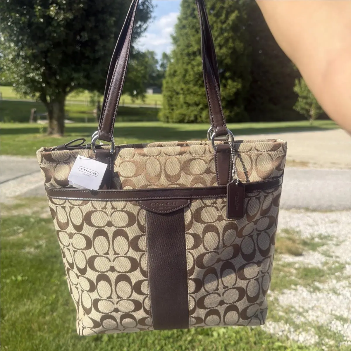 Coach Signature Canvas Stripe Tote Khaki/ Mahogany Handbag-F28504