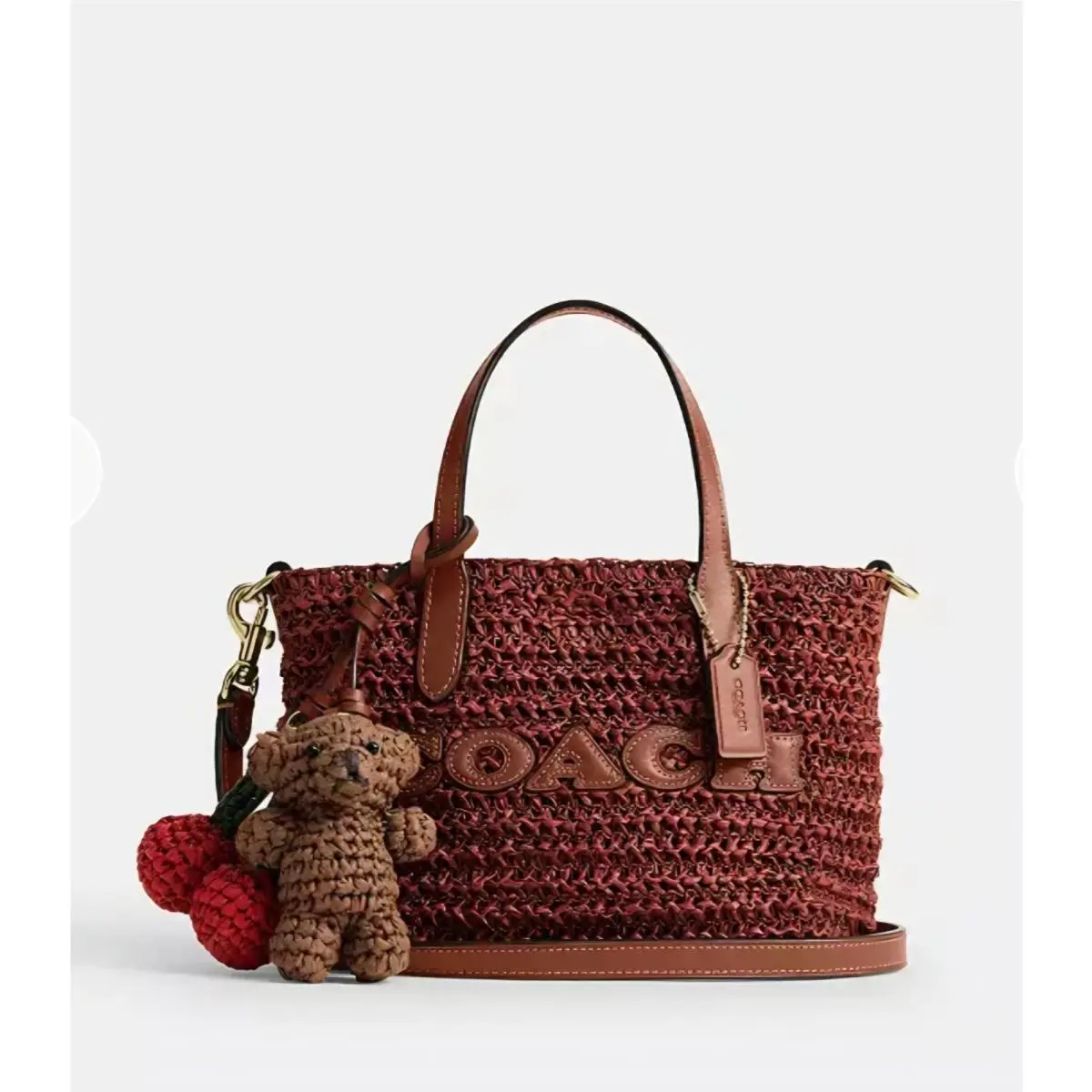 City Mini Tote Bag with 2 Charms in Gold Russet Straw Handbag CEU30 by Coach