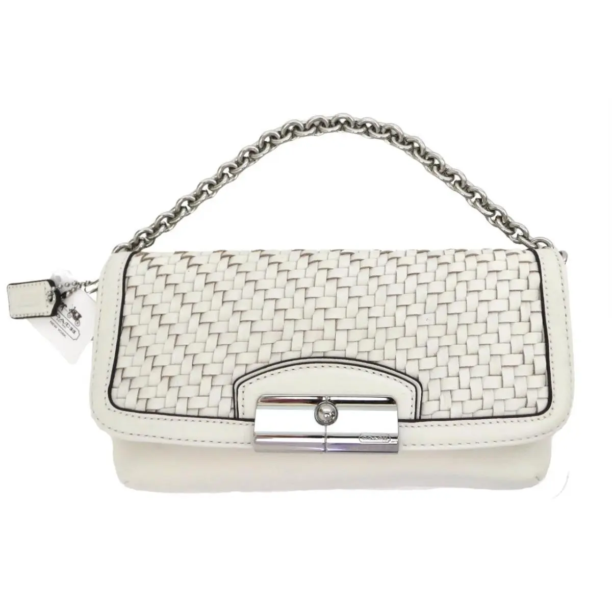 Ivory Off - White Woven Leather Clutch Top Handle XL Wristlet Purse by Coach