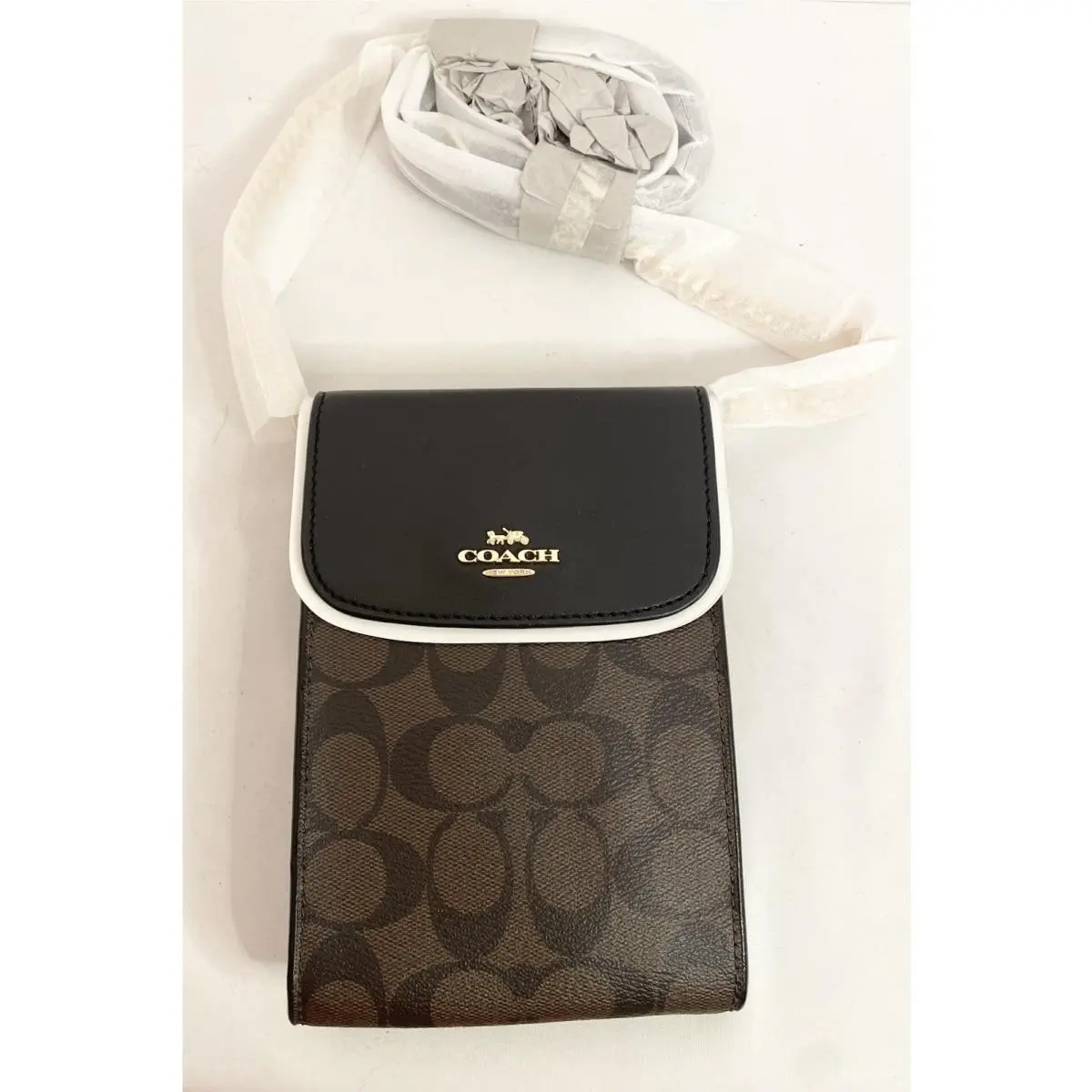 Coach Canvas Signature Phone Mini Crossbody Dark Brown Logo Black Gold Cha