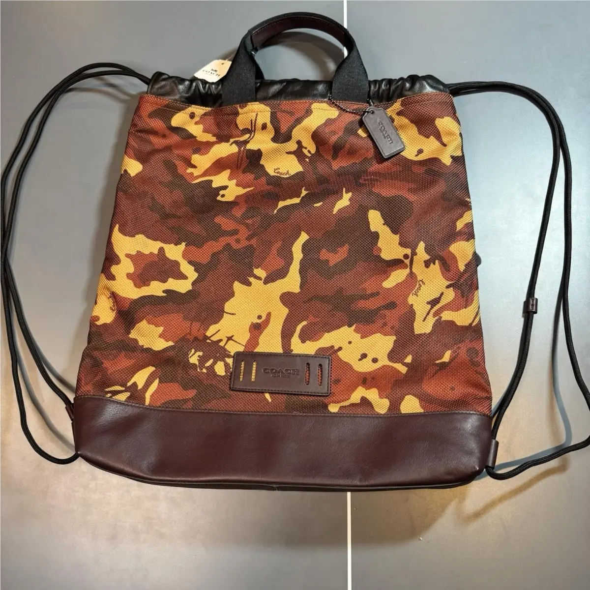 Coach Terrain Drawstring Backpack Tote Bag with Camo Print Red