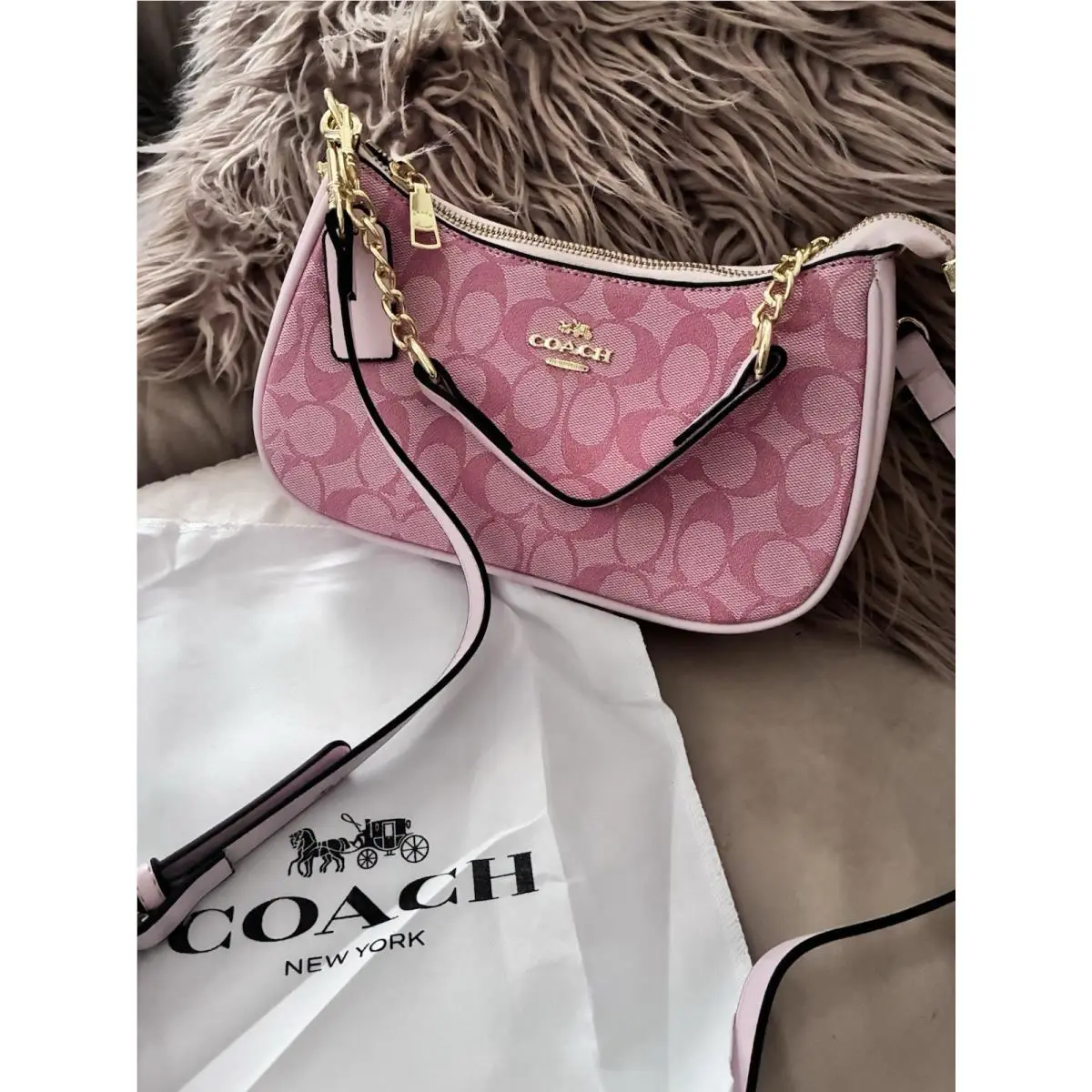 Coach Mini Crossbody Bag Signature Denim Logo Pink Gold Hardware Dust Bag