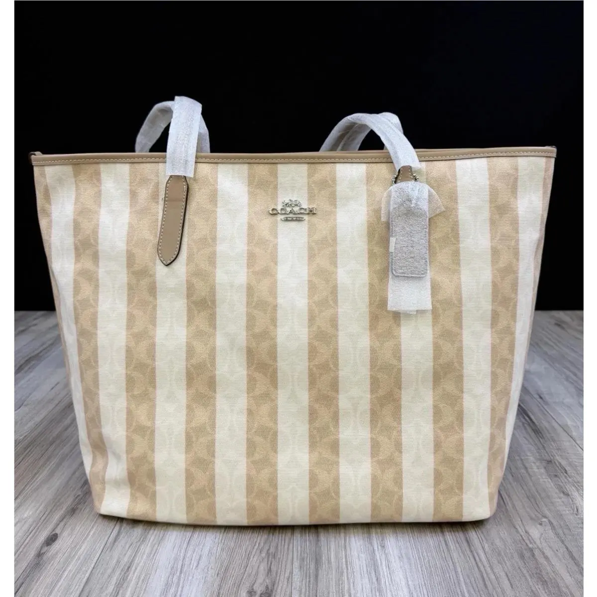 Large City Tote Bag Signature Canvas Stripe Sand Tan Laptop Travel by Coach
