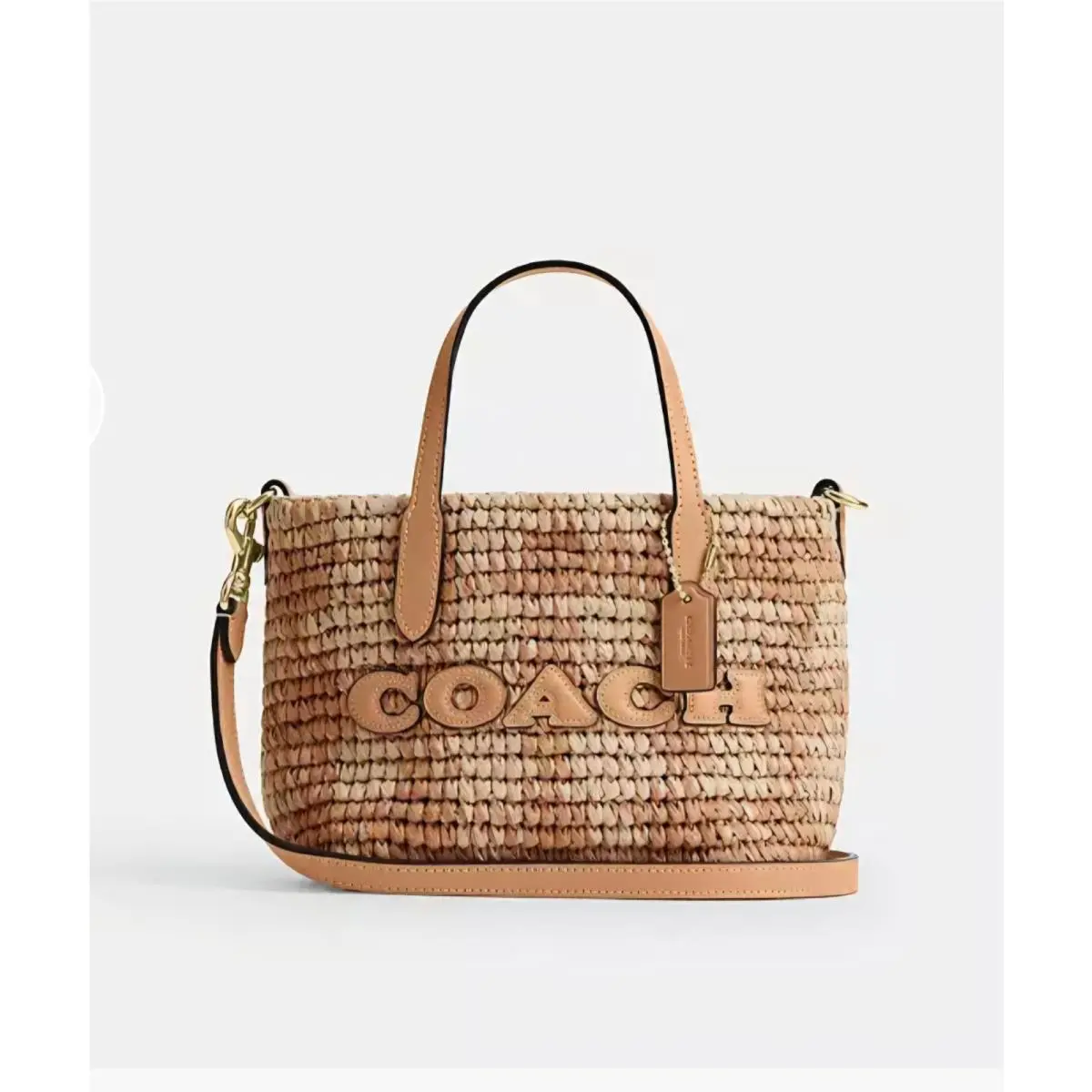 City Mini Tote Bag with Gingham Print in Straw Leather CEU31 Limited by Coach
