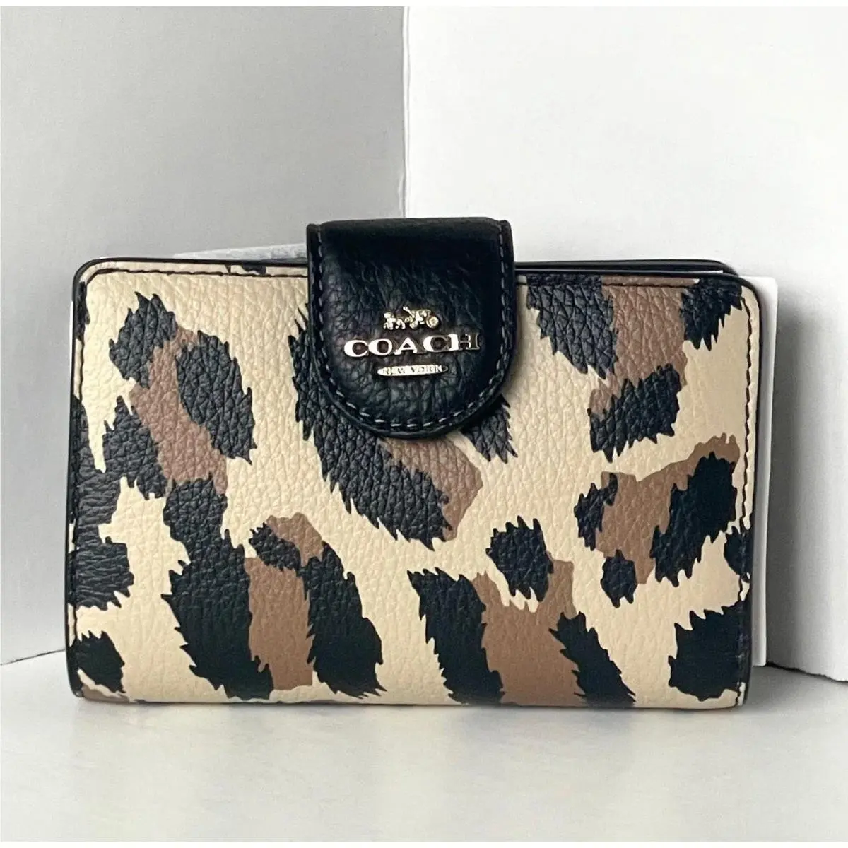 Coach Medium Corner Zip Wallet CCL62 Leopard Pebble Leather Brown Compact