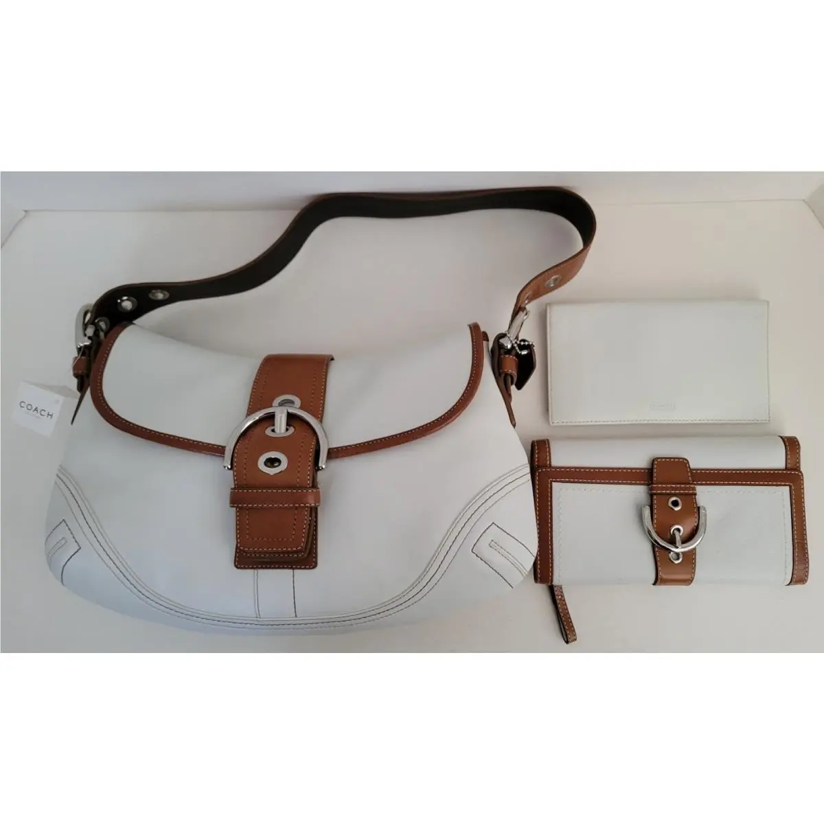 Coach Soho Purse M0678-F10192 White Brown Bag w/ Matching Wallet Checkbook