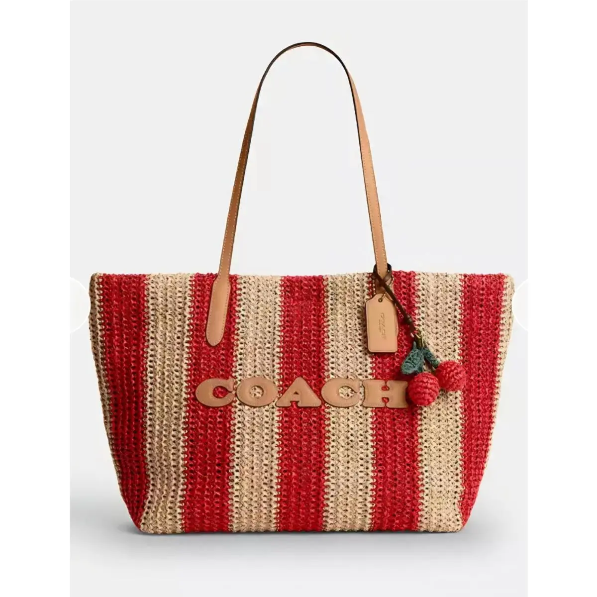 Coach City Tote Bag Straw with Stripes and Charm Gold Tan Red CER30 Handbag