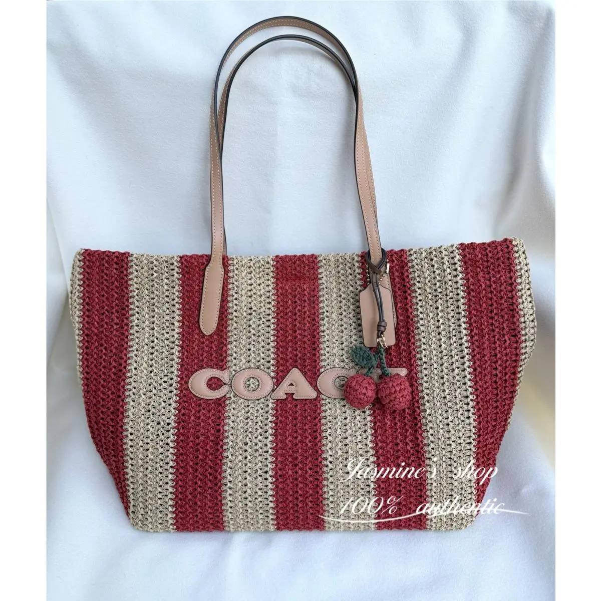 City Tote Bag with Stripes and Charm Cer30 Straw and Leather Red/tan by Coach