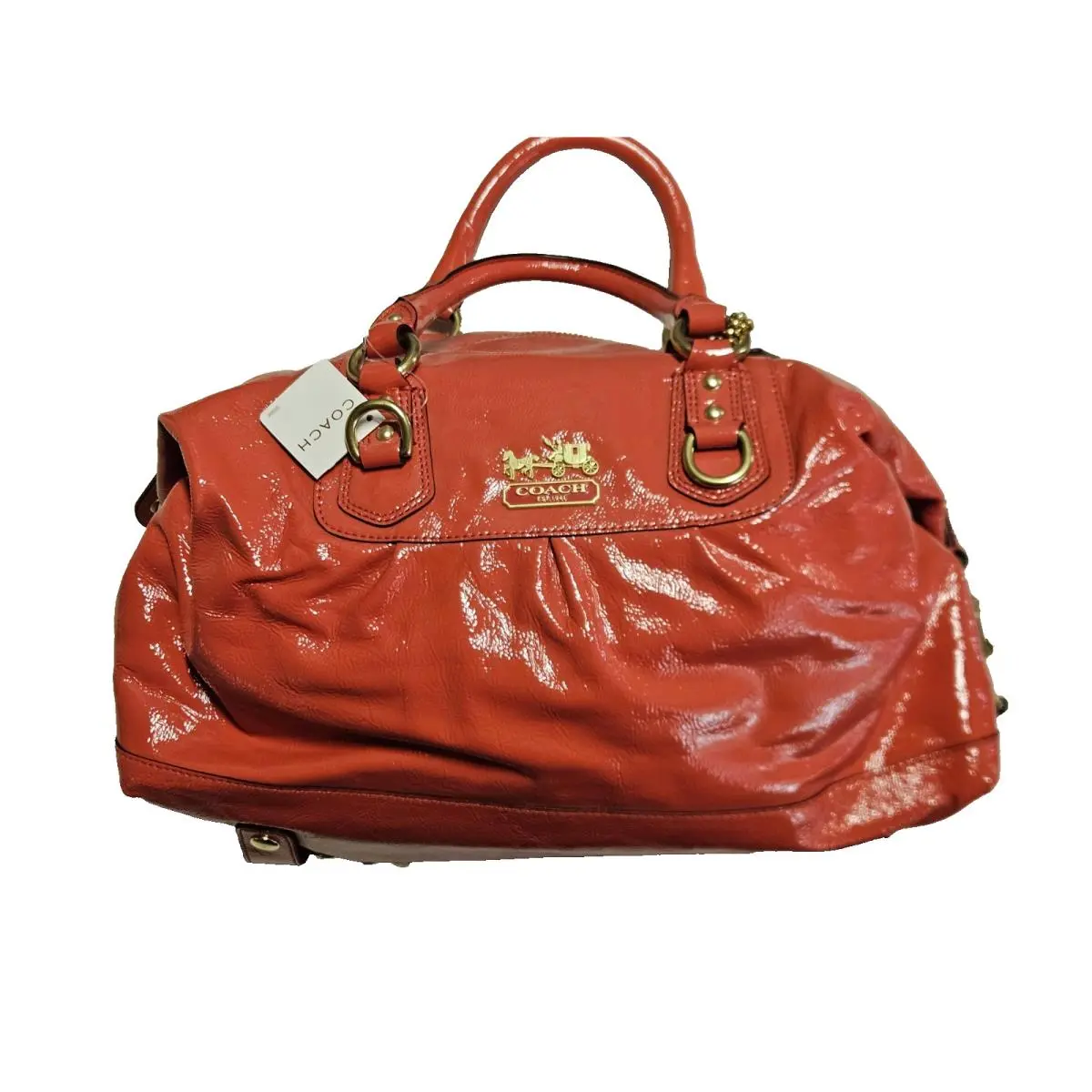Coach Womens Solid Patent Chain Satchel Handbag Coral