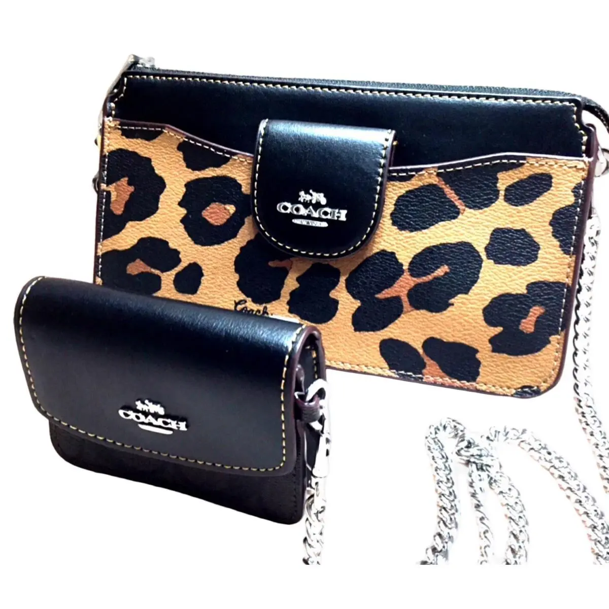 Coach CC868 Leopard Print Chain Crossbody Bag Set Brown × Black