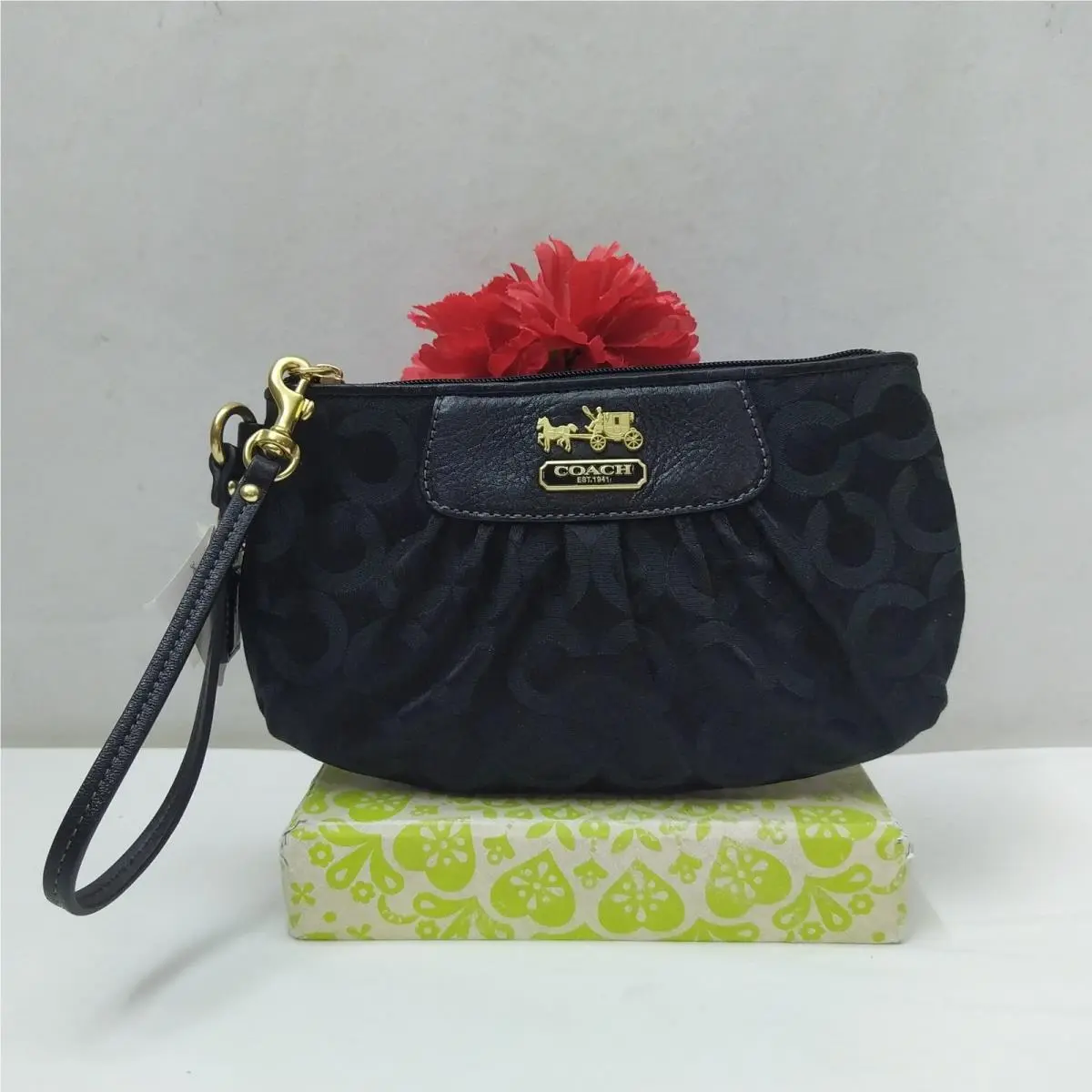 Coach Madison Signature Black Canvas Zipper Closure Wristlet - Coin Wallet