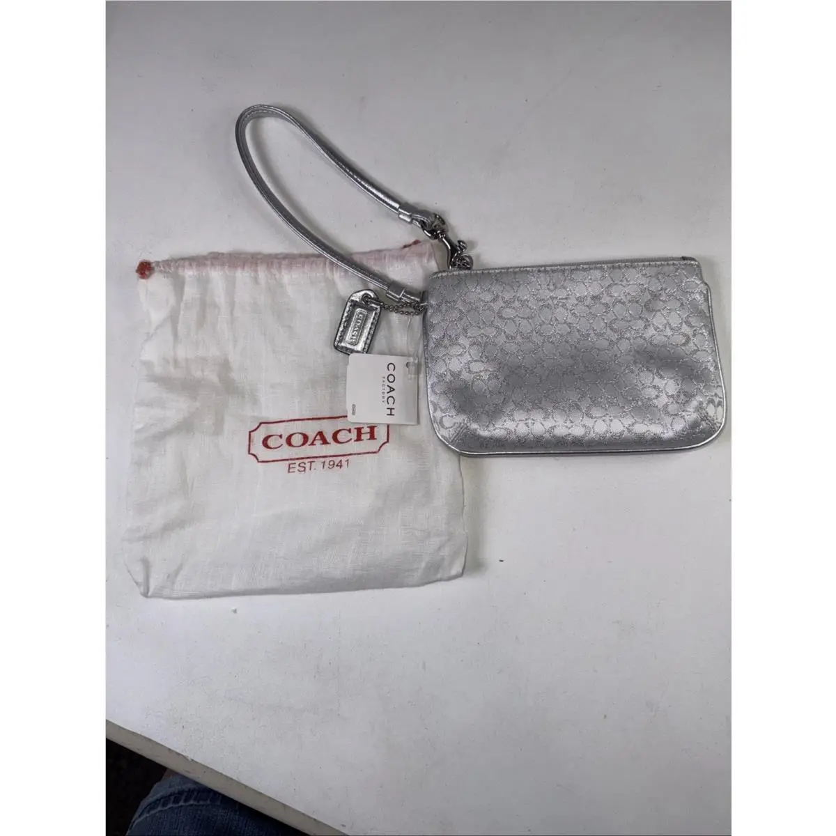 Coach Factory Silver Metallic Wristlet and Dust Bag
