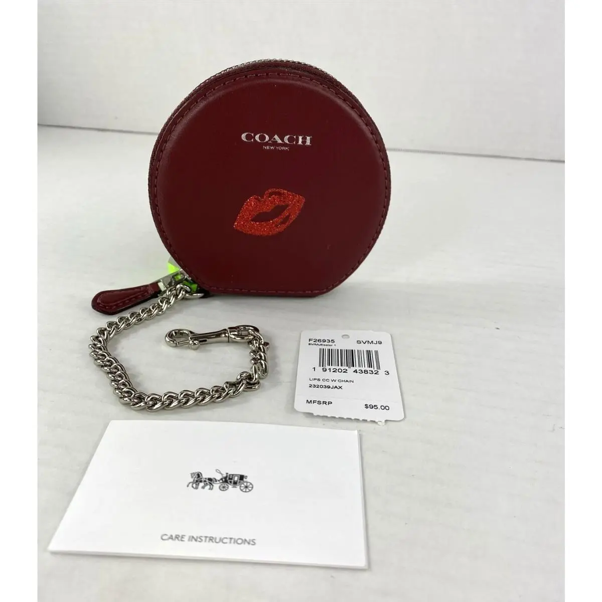 Coach Round Coin Case Leather Red Silver Glitter Lips Kiss Chain Zip F26935 W12