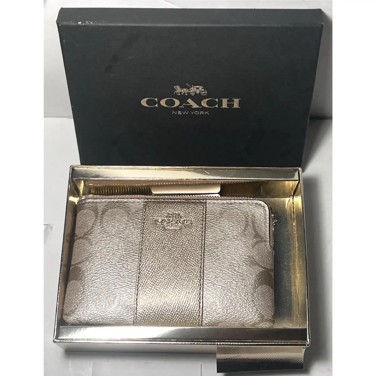 Coach - Metallic Gold Signatuire Corner Zip with Stripe Wristlet
