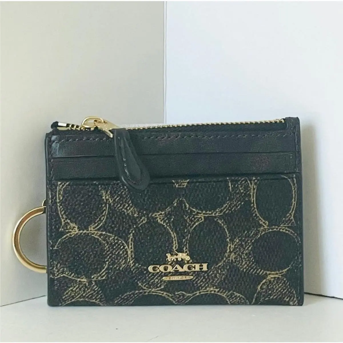 Coach Mini Skinny ID Case CEI20 Loved Signature Canvas Keyring Brown Gold