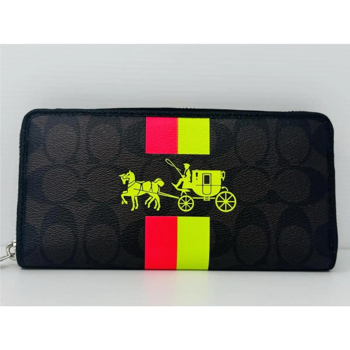 Coach Heritage Neon Striped Leather Rare Signature C Mahogany Wallet