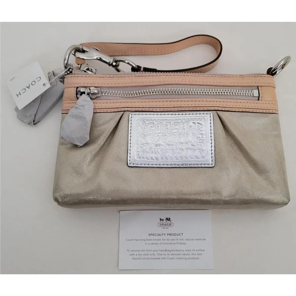 Coach Poppy Wallet D065-5094 Silver Platinum Leather Large Wristlet Tags