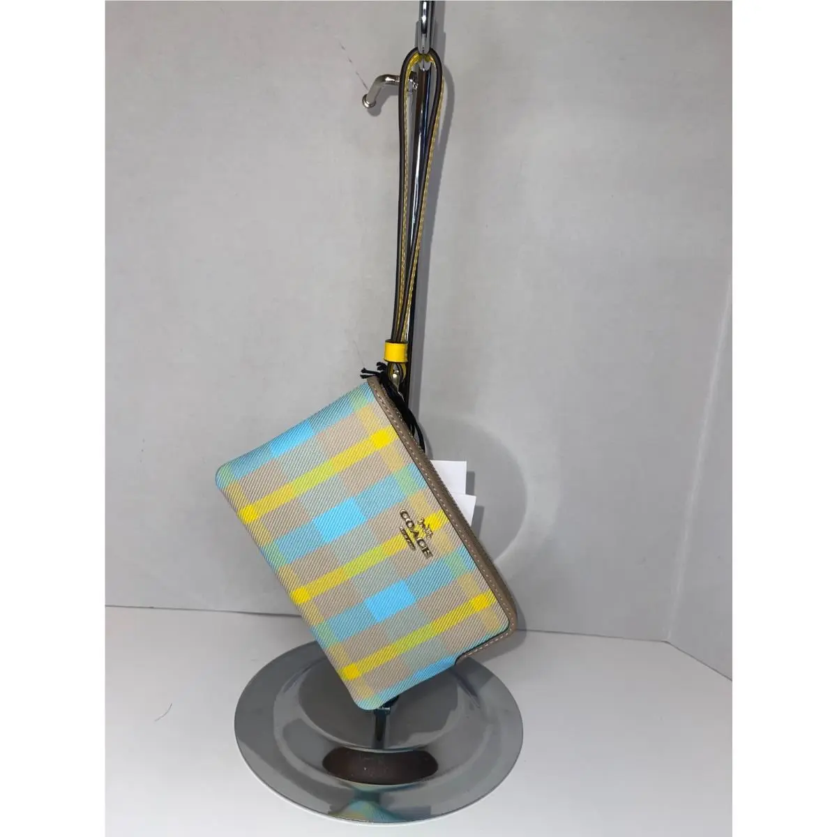 Coach Corner Zip Wristlet-plaid Jacquard in Maize Multi- Yellow Blue Beige