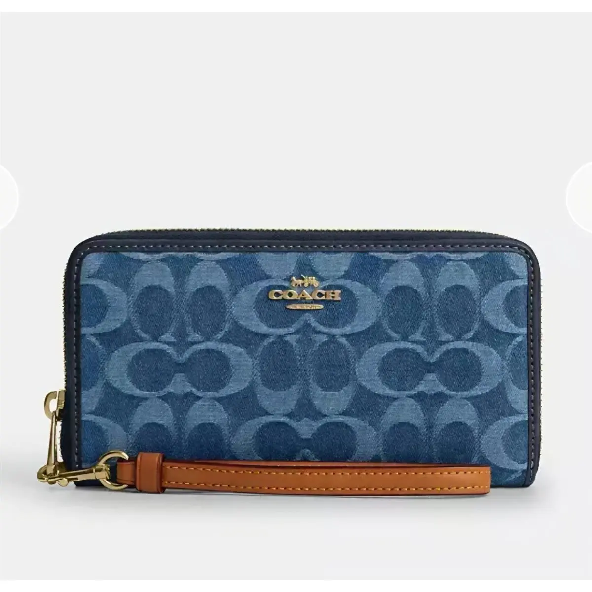 Coach Long Zip Around Wallet Gold Indigo Denim Wristlet CDE93 Fits a Phone