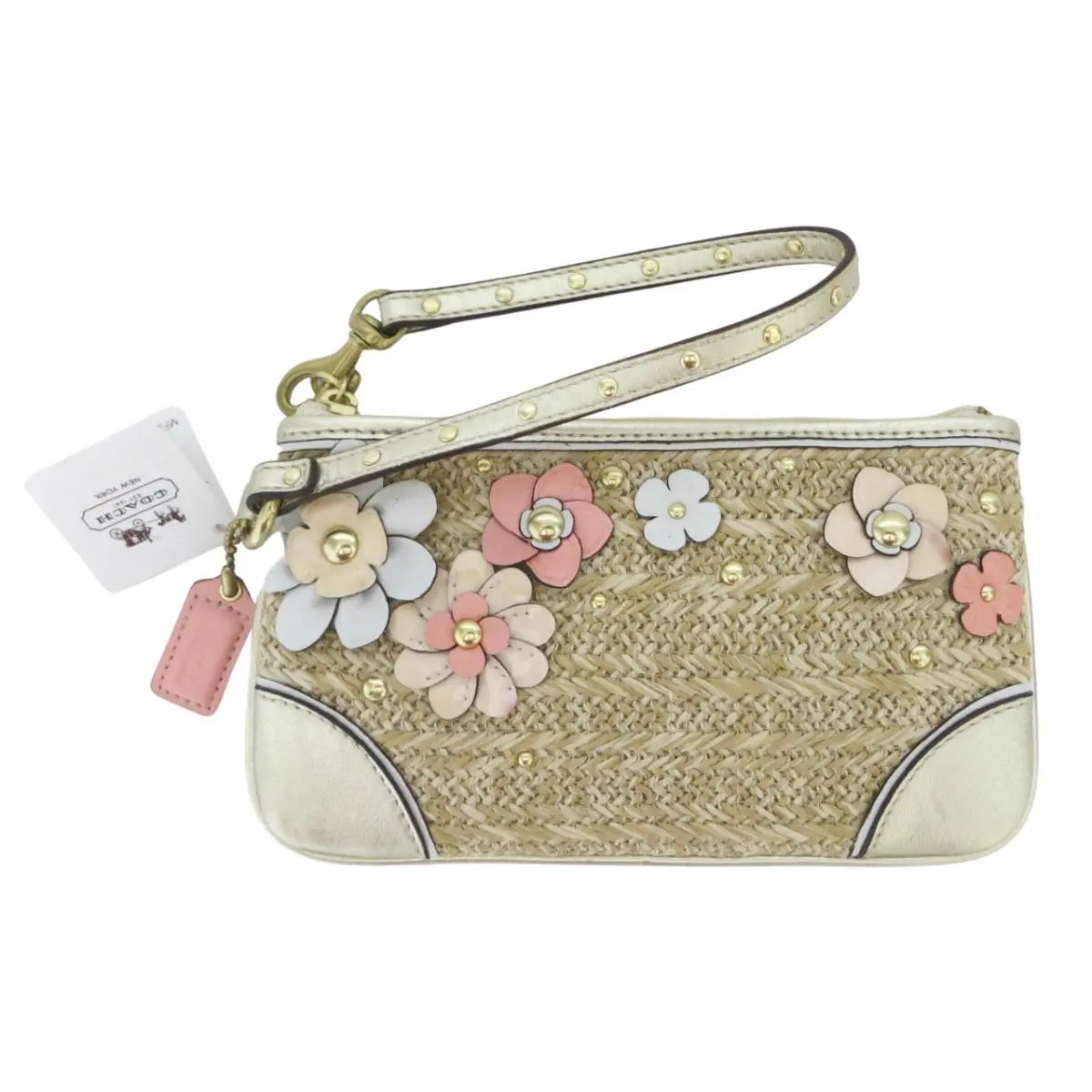 Straw XL Wristlet Clutch Purse Ivory Pink Peach Gold Leather Rare by Coach