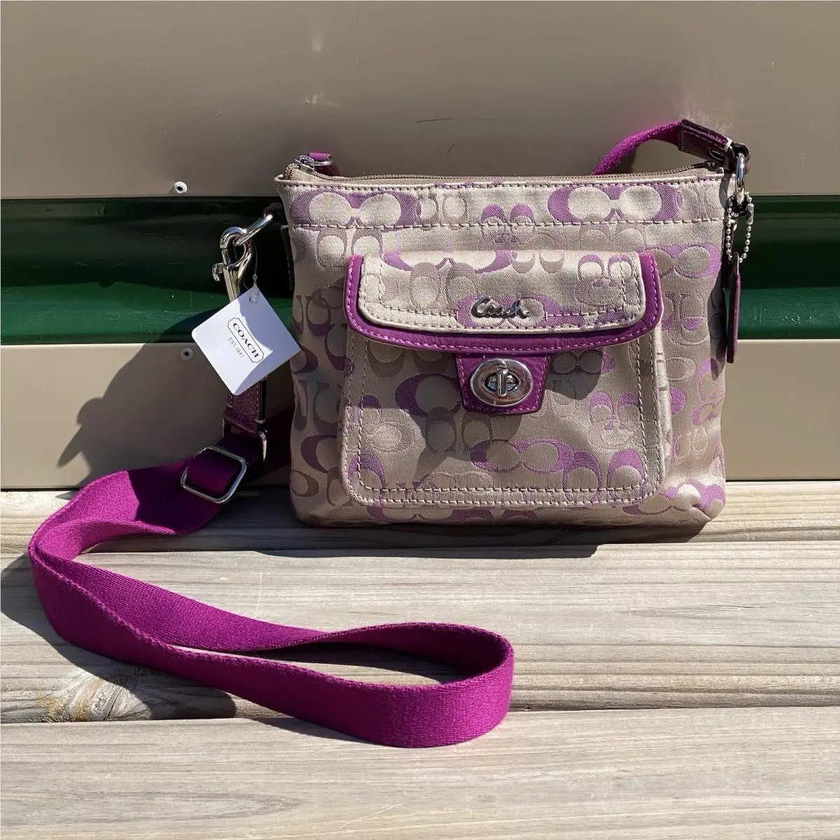 Coach Penelope Signature Jacquard Pocket Swingpack F45670 Khaki Rose