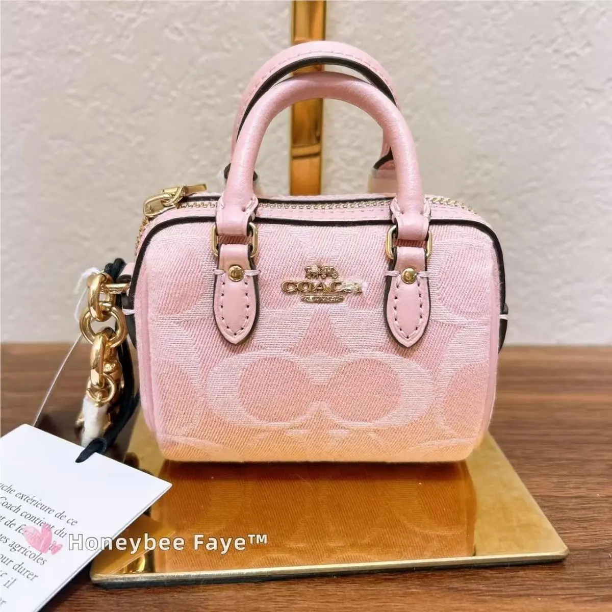 Coach Mini Rowan Bag Charm In Signature Denim CEU38 Gold/light Pink