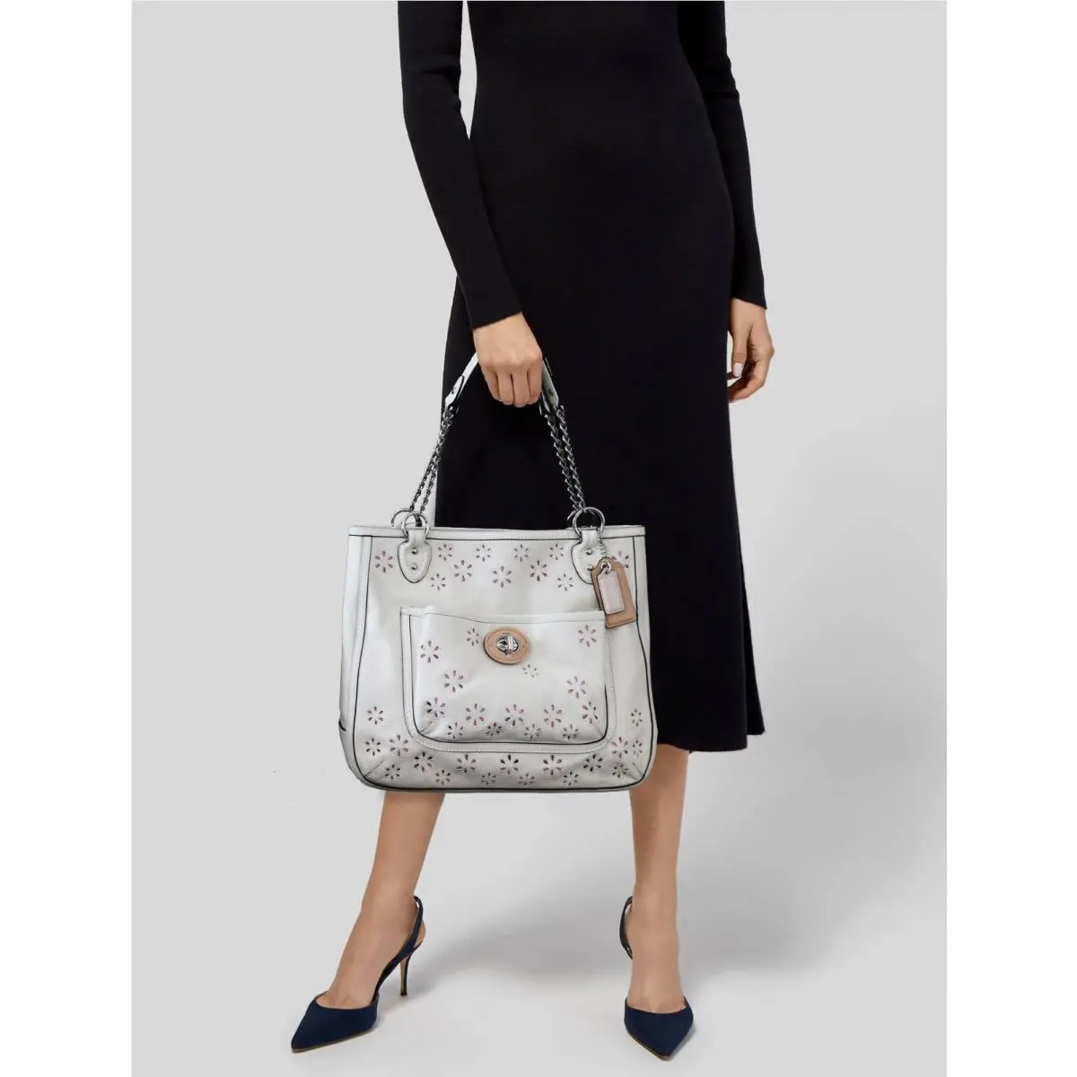 Leather Daisy Eyelet Chain Tote Shoulder Bag White Purse by Coach