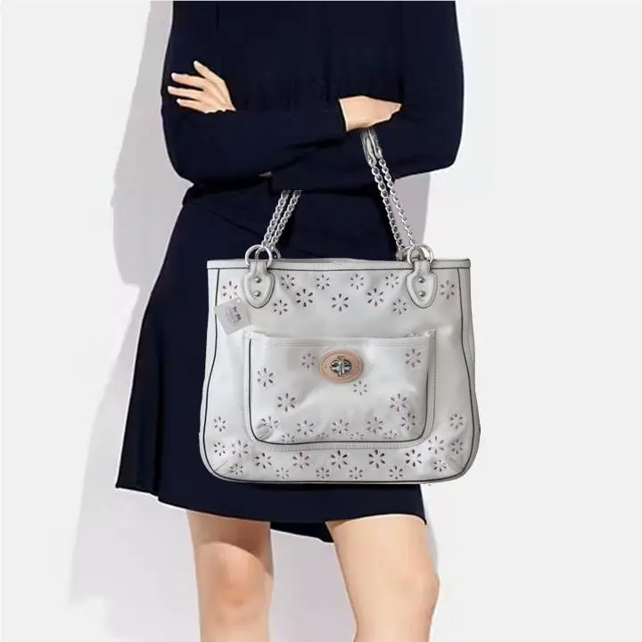 Coach Kristin Leather Embroidery Daisy Eyelet Chain Shoulder Tote Bag Purse