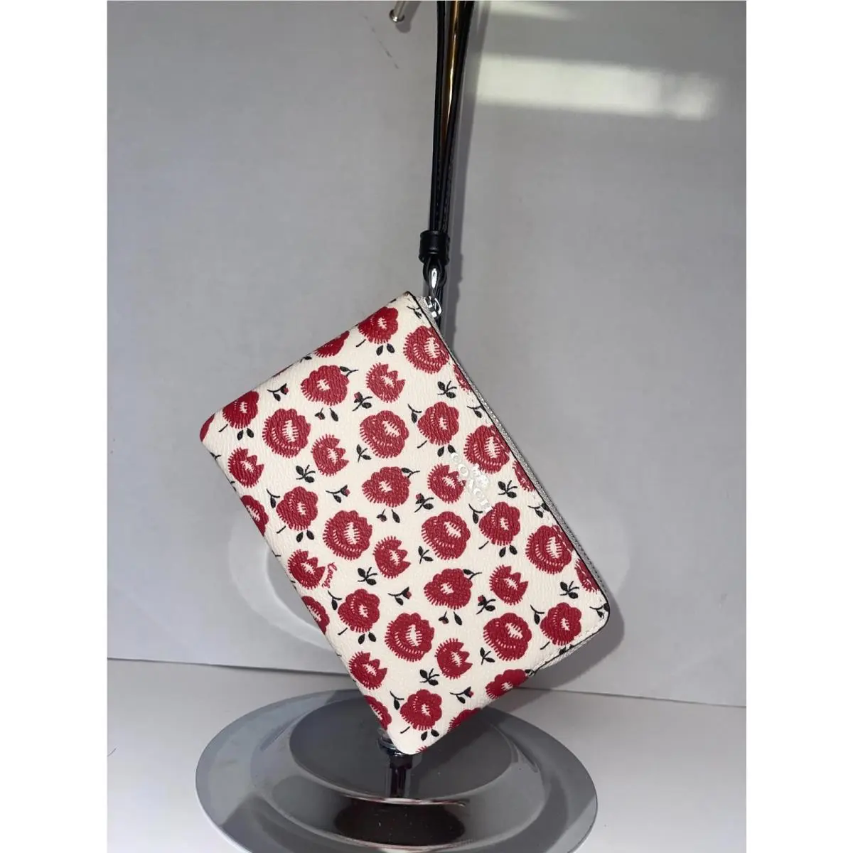 Women`s Coach Corner Zip Wristlet with Floral Print- Silver/chalk/ Black Multi