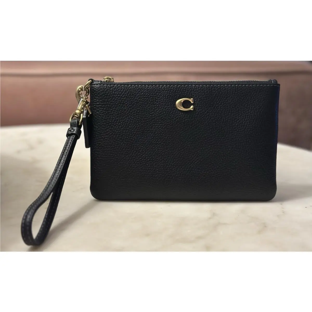 Coach Classic Polished Pebble Leather Wristlet 7.5” x 4.74” x 0.5” Black