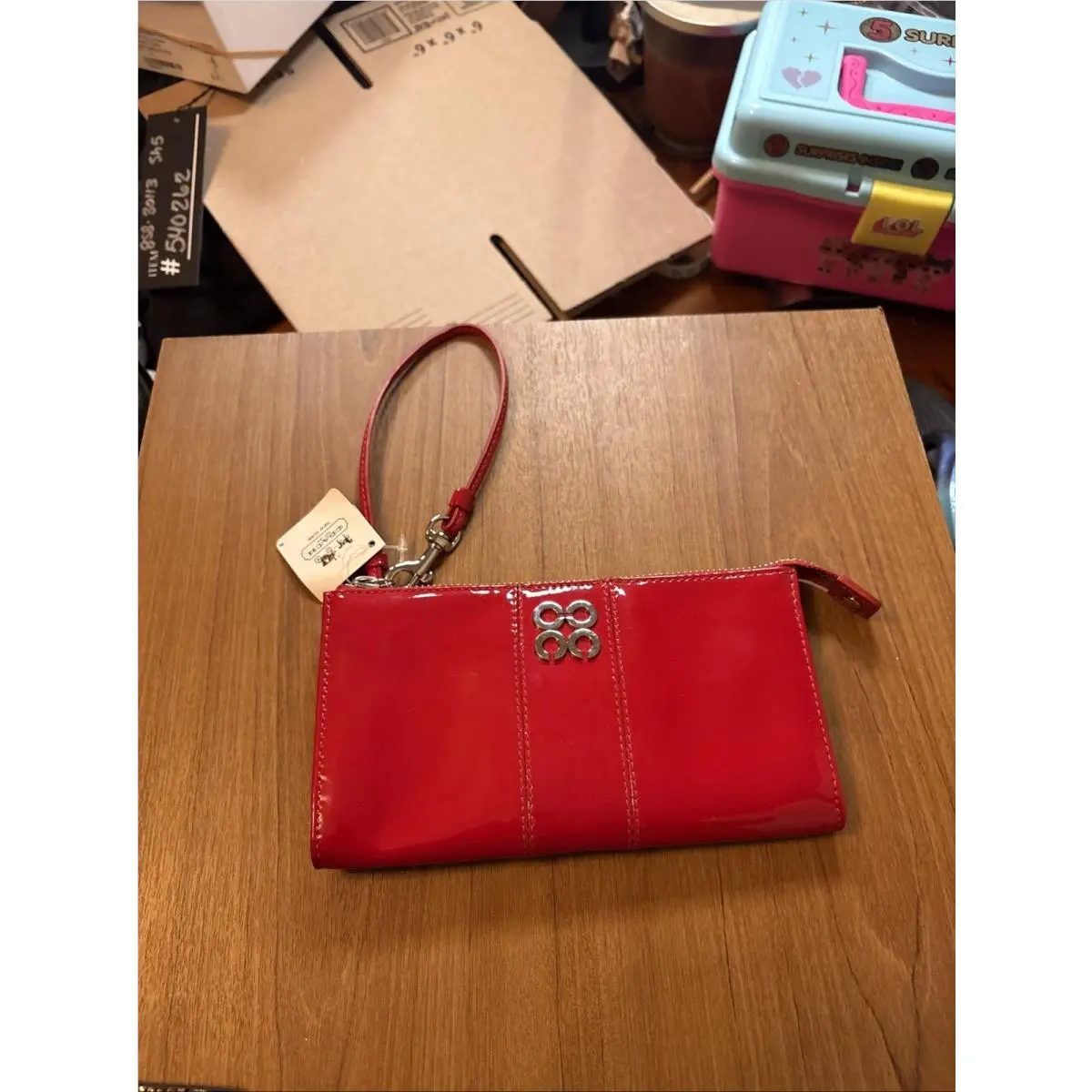 Coach Julia Red Patent Leather Wristlet Wallet Clutch - Silver Hardware