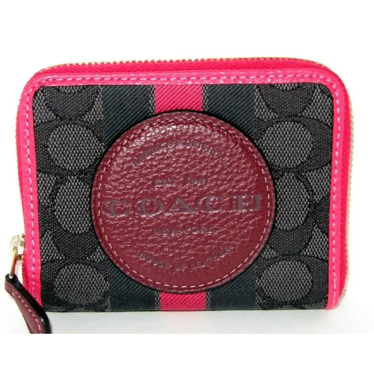 Coach 2637 Patch Dempsey Small Zip Around Wallet Black Pink Wine Signature