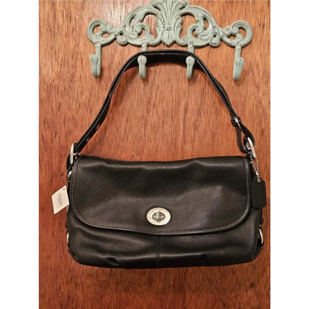 Coach F15170 Leather Flap Duffle Black Pebble Bag w/ Adjustable Strap