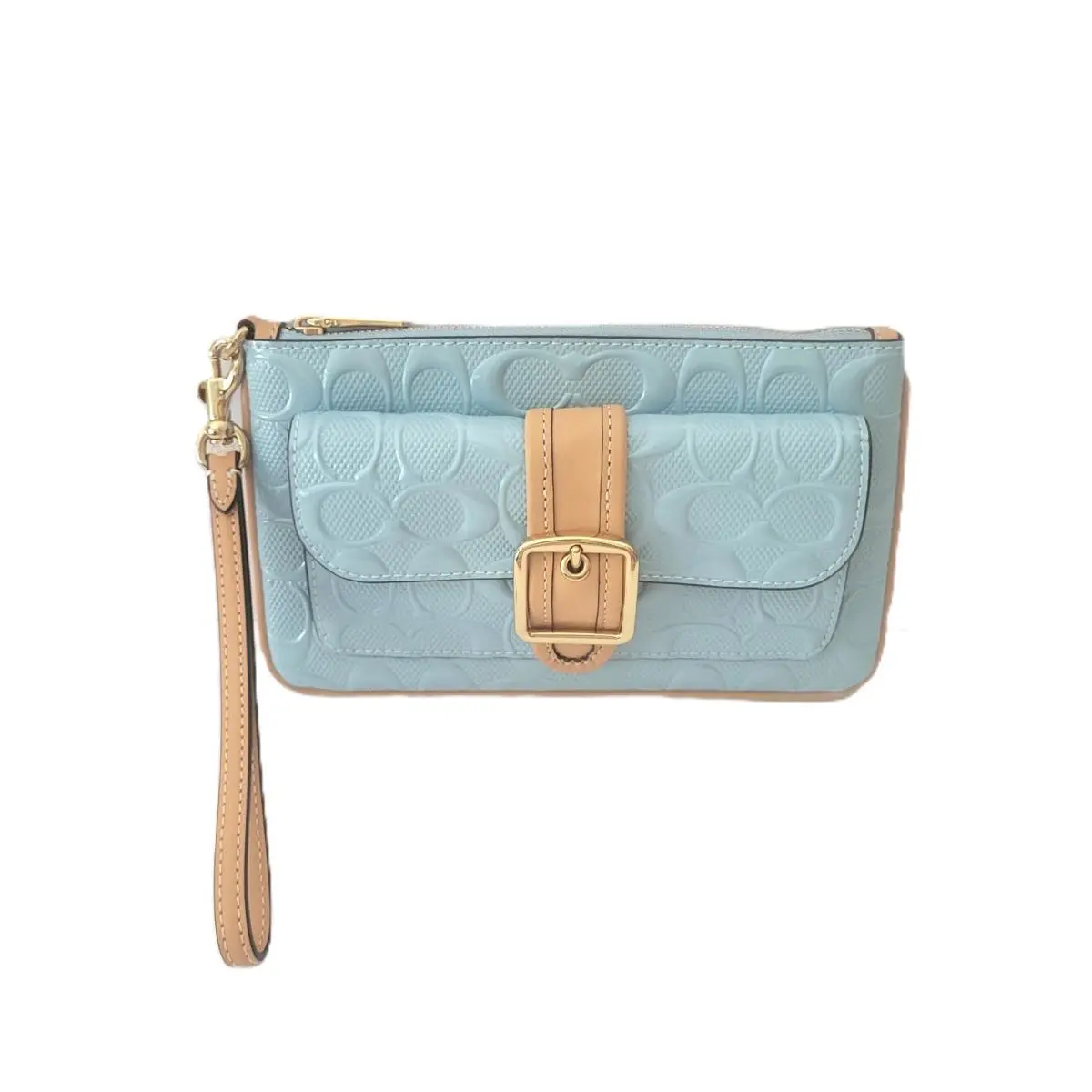 Coach CEN12 Ashton Wristlet Debossed Signature Patent Clutch Wallet Light Blue